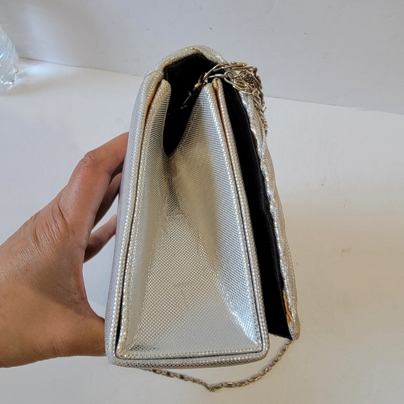 VTG WHITTAL & SHON Evening Clutch Purse Silver Metallic Beaded Bow Chain Strap - Picture 5 of 11